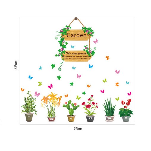 Decal trang trí nhiều chậu hoa xinh và bảng treo Garden