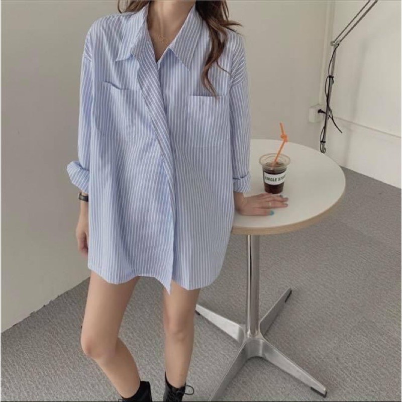Áo sơ mi kiểu nữ form rộng tay dài giấu quần vạt chéo kẻ sọc đứng - Order taobao quảng châu