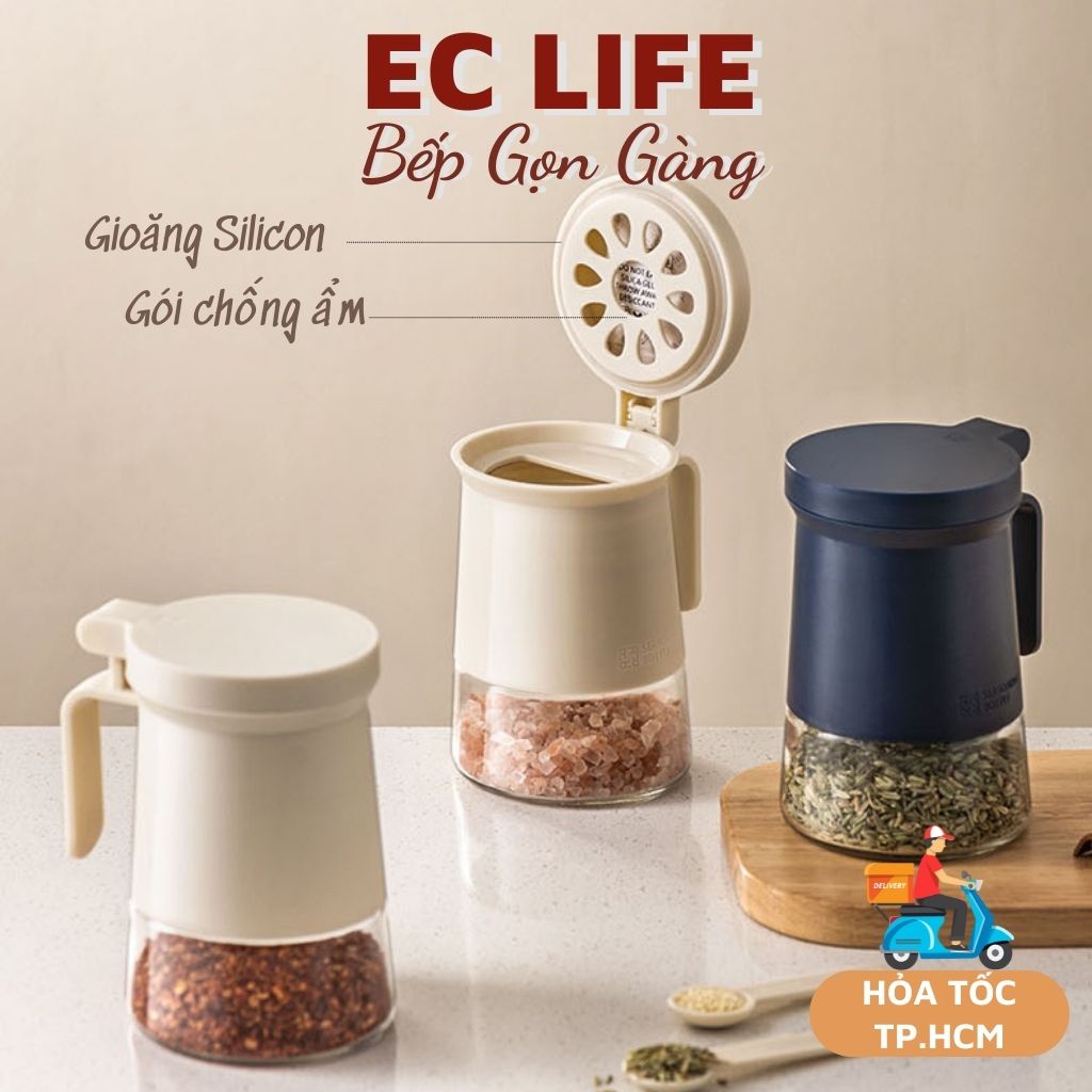 Hũ đựng gia vị bằng thủy tinh cao cấp dung tích 350ml màu trắng kèm muỗng có gói hút ẩm EC Life 0106
