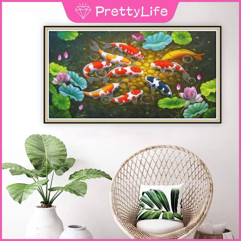 Bộ Tranh Đính Đá 5D Tự Làm Hình Cá Koi May Mắn 50x30cm / 70x40cm / 90x50cm