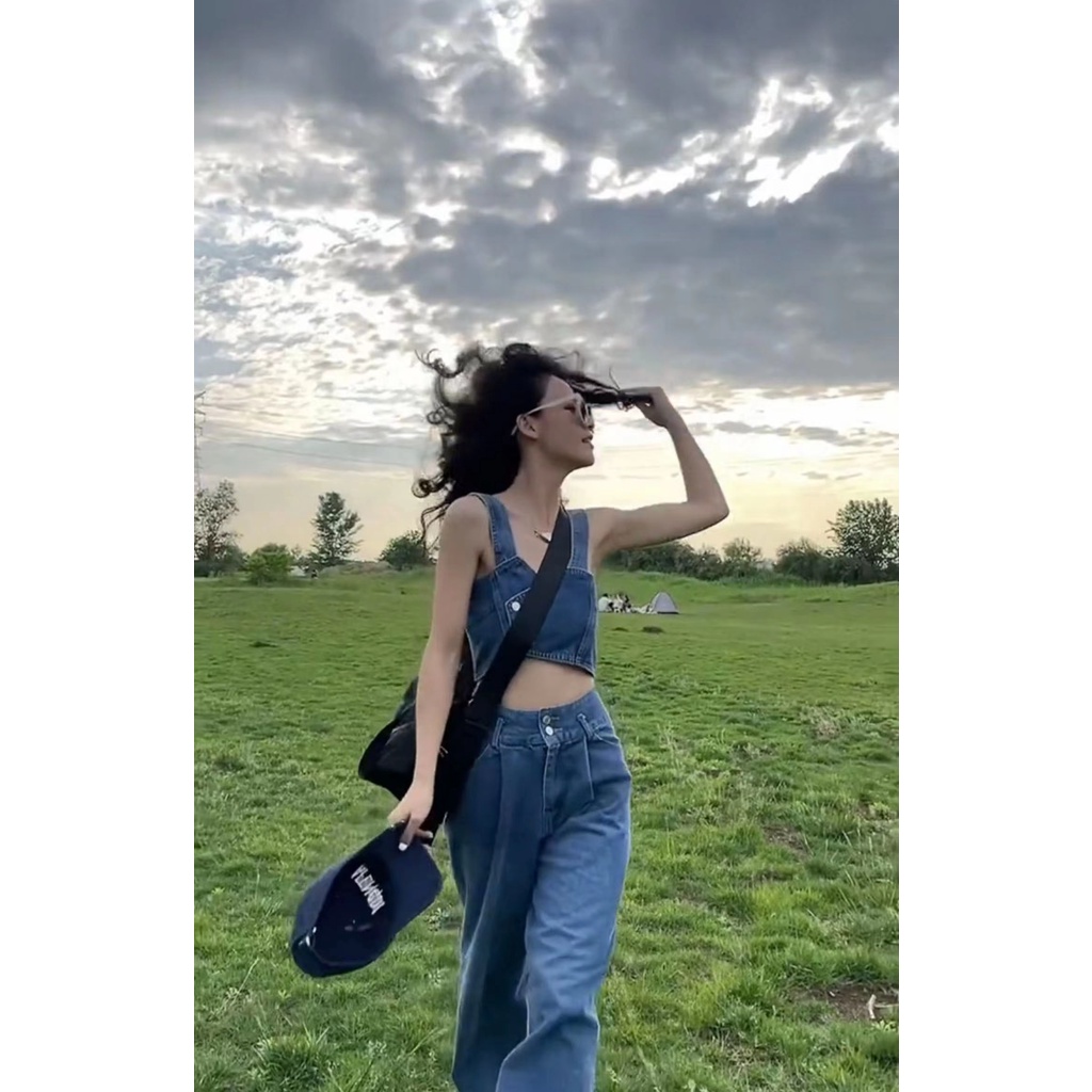 Honypove Set Áo Hai Dây Và Quần Short Denim Ống Rộng Lưng Cao Thời Trang Mùa Hè 2022 Phong Cách Mới