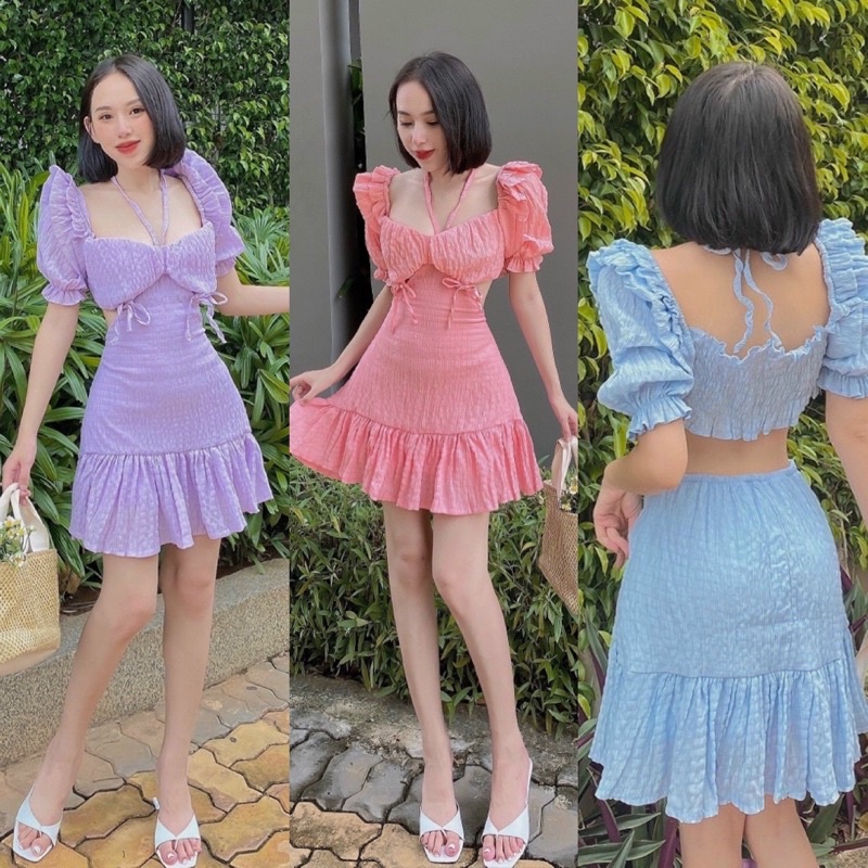 Set xốp áo cổ yếm tay bồng/phồng nhún ngực kèm váy hồng/xanh/tím, đầm rời khoét cut eo lưng đi chơi dạo phố dễ thương