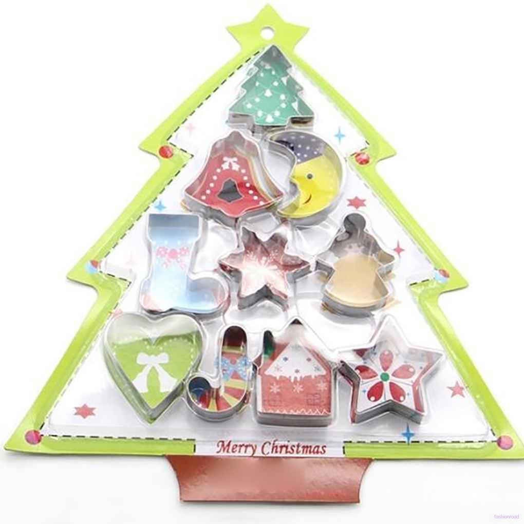 10pcs/set Stainless Steel Christmas Cookie Cutters Xmas Tree Star House Bells Snowflake Baking Cake Biscuit Fondant Mold fashionroad.vn