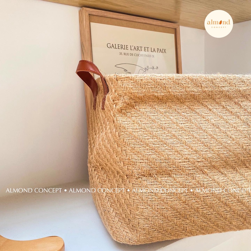Giỏ đựng đồ Vải Bố Quai Da Wabi-Sabi Siêu bền, đựng quần áo, đồ cá nhân, Homestay - almondconcept