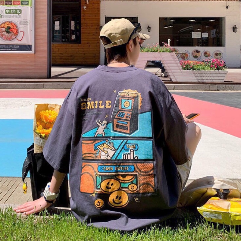 Áo thun unisex mặt cười SMILE tay lỡ dáng rộng nam nữ mặc được 3 màu xanh đen trắng Xưởng Sỉ Nguyễn Hoa | BigBuy360 - bigbuy360.vn