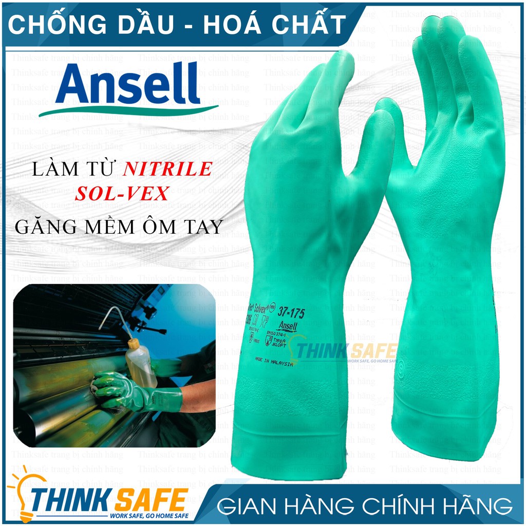 Găng chống hóa chất Ansell 37-175 cấu tạo nitrile chống hóa chất, chống dầu nhớt, có lót thấm hút mồ hôi tốt (xanh lá)