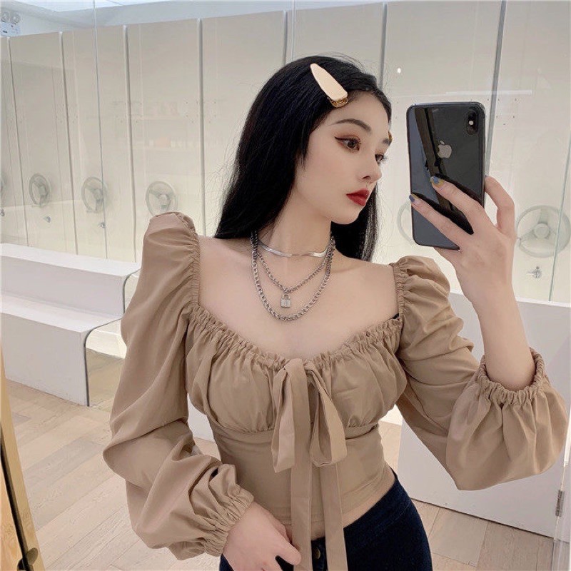 [Có sẵn+ảnh thật] Áo sơmi thắt nơ ngực croptop bèo nhún sexy | BigBuy360 - bigbuy360.vn