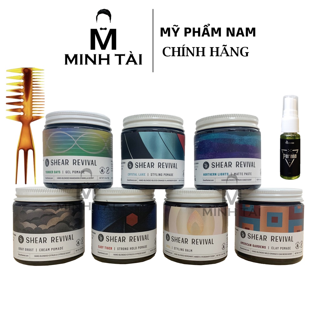 Sáp Vuốt Tóc Nam SHEAR REVIVAL - Hàng Chính Hãng + Xịt Tạo Phồng AZENMAN Parana 3 In 1-20ml + Lược Chải Tóc