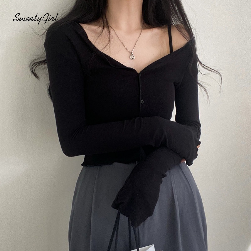 Áo Thun Tay Dài Cổ Chữ V Cài Nút Màu Trơn Dáng Ôm Quyến Rũ Dành Cho Nữ 2022