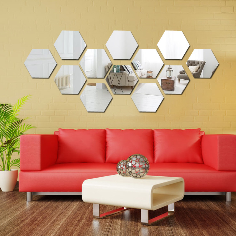 Set 6 nhãn dán acrylic hiệu ứng gương 3D hình lục giác trang trí tường hiện đại