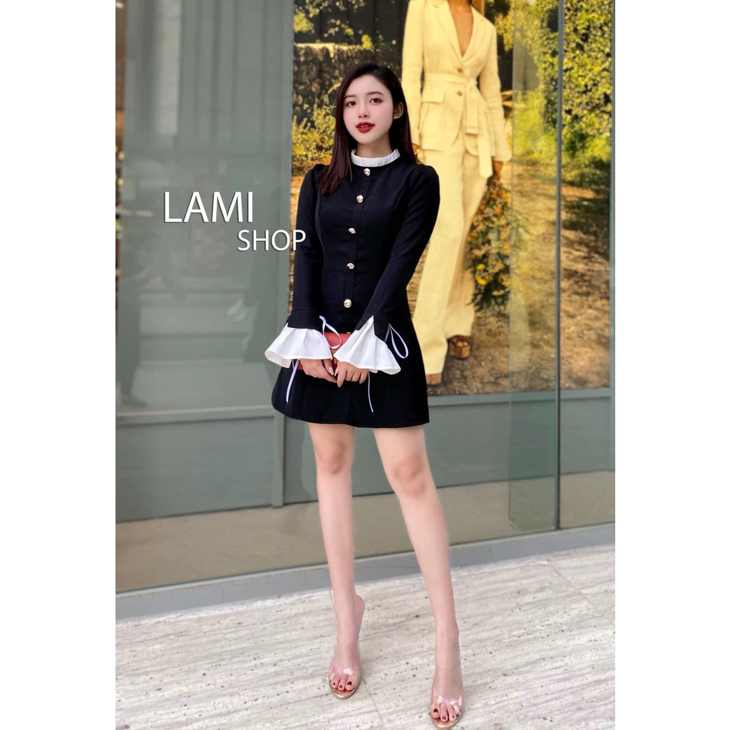 Đầm váy nữ tay dài phối bèo, cổ tròn đính nút form dáng xòe sang chảnh dành cho các nàng đi dự tiệc, dạo phố | BigBuy360 - bigbuy360.vn