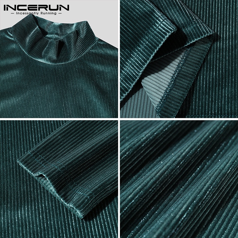 Áo nhung INCERUN tay dài cổ cao màu trơn kẻ sọc cho nam