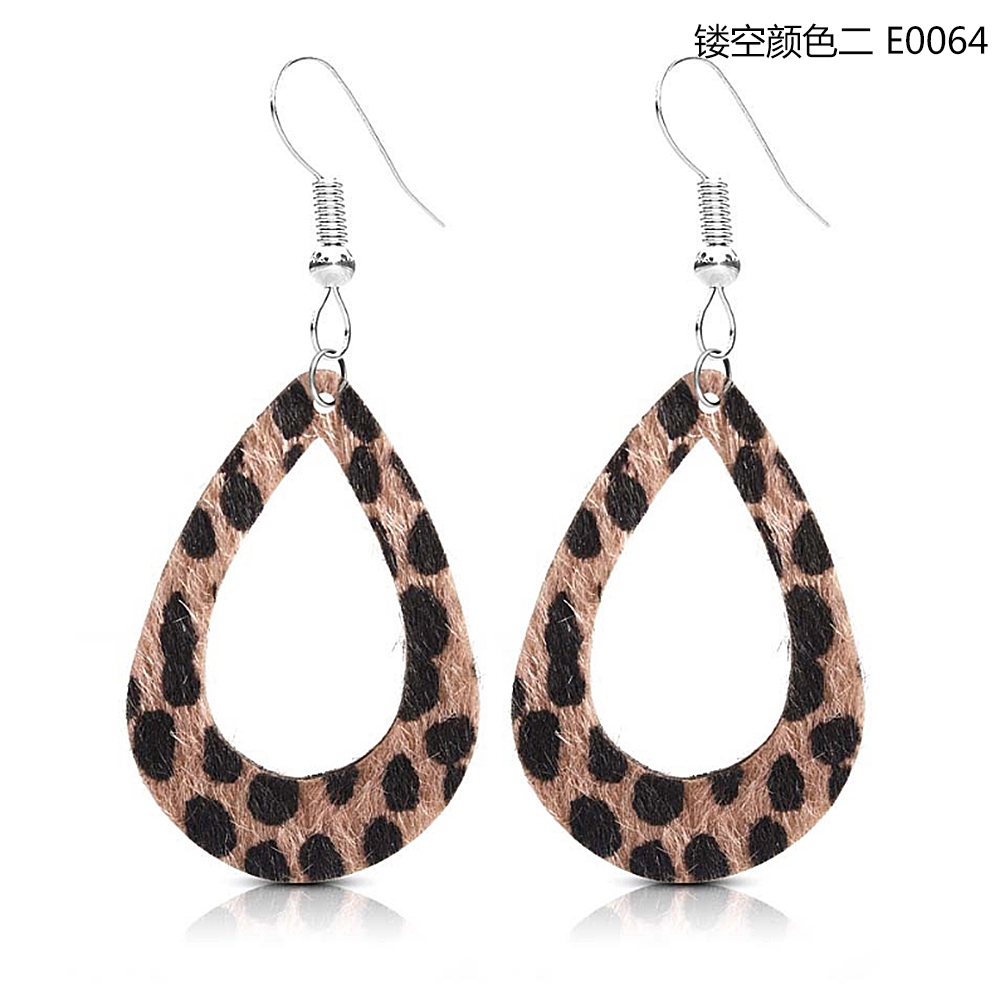 Faux Leather Leaf Earrings Teardrop Dangle Drop Leopard Print Hollow Hook 1 Pair