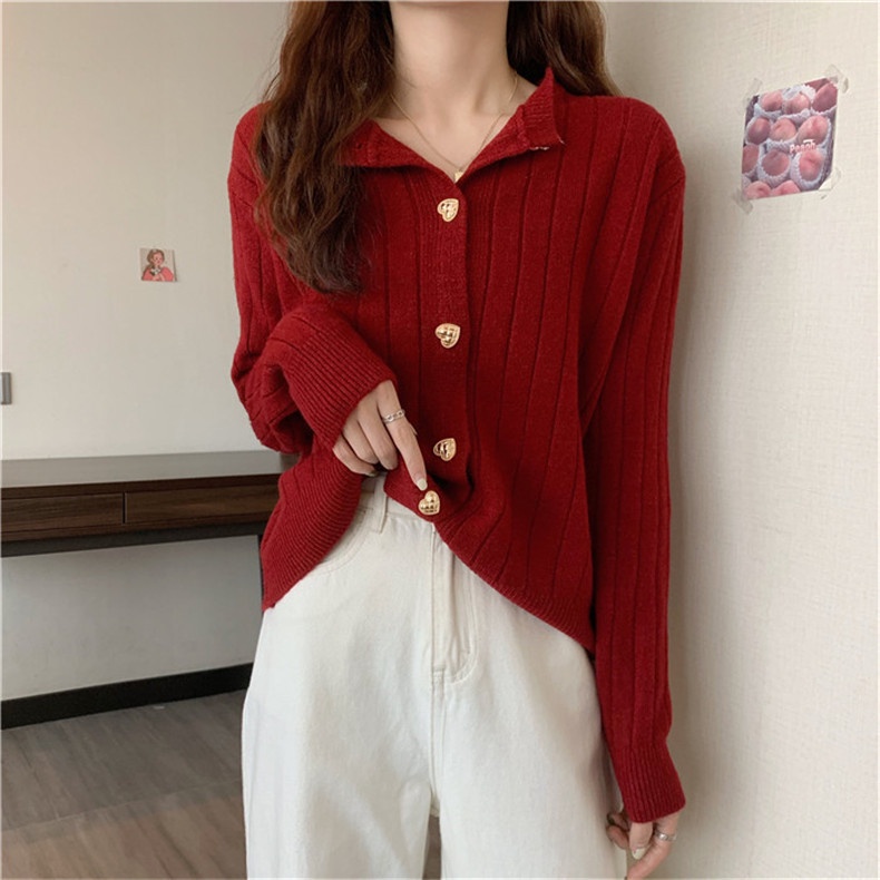 Áo len nữ hè thu 2021 gân dọc trắng đỏ chất lông cừu siêu mềm ATADO24