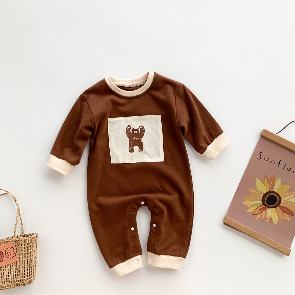 Áo Liền Quần Tay Dài In Hình Gấu Đáng Yêu Thoải Mái Cho Bé Sơ Sinh 0-24 Tháng Tuổi