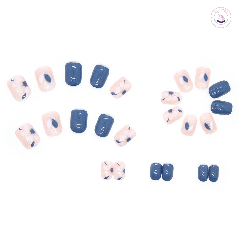 Bộ 24 Móng Tay Giả Màu Xanh Dương Bóng Trang Trí Hoa Thời Trang Pháp Cho Nữ