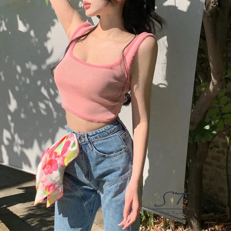 NFW-Women Summer Crop Tops, Plush Hem Decor Ribbed Bottoming Sleeveless Elastic U-neck Camisole