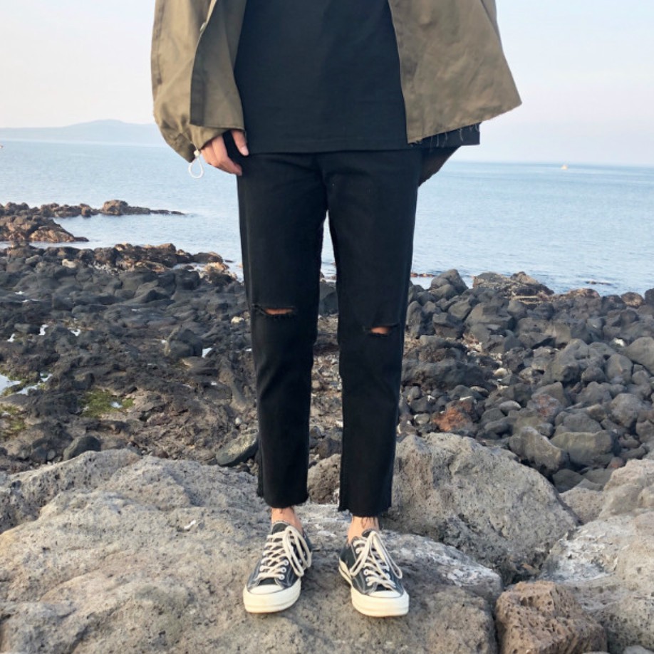 [Tiền Nào Của Đấy]Quần Jean Baggy Nam Rách Gối Ống Rộng Đen Trơn Không Phai Màu Vải Co Giãn-B06