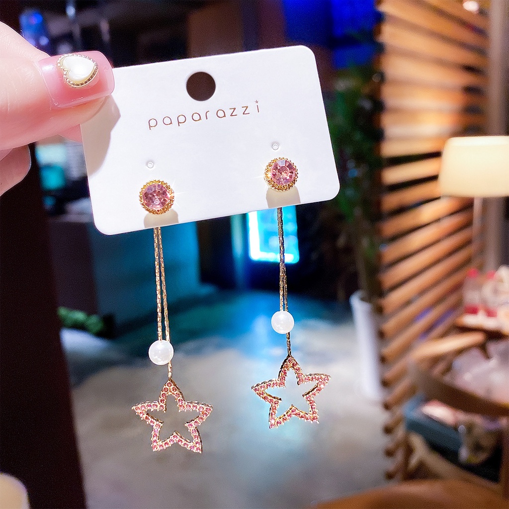 Khuyên tai XIAOBOACC dáng dài tua rua mạ bạc S925 thiết kế trái tim/ ngôi sao thời trang dành cho nữ