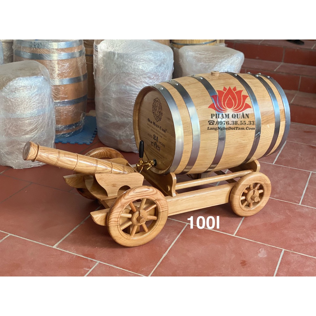 thùng rươu gỗ sồi 100l kèm xe kéo phao gỗ sồi, thùng ngâm ruou