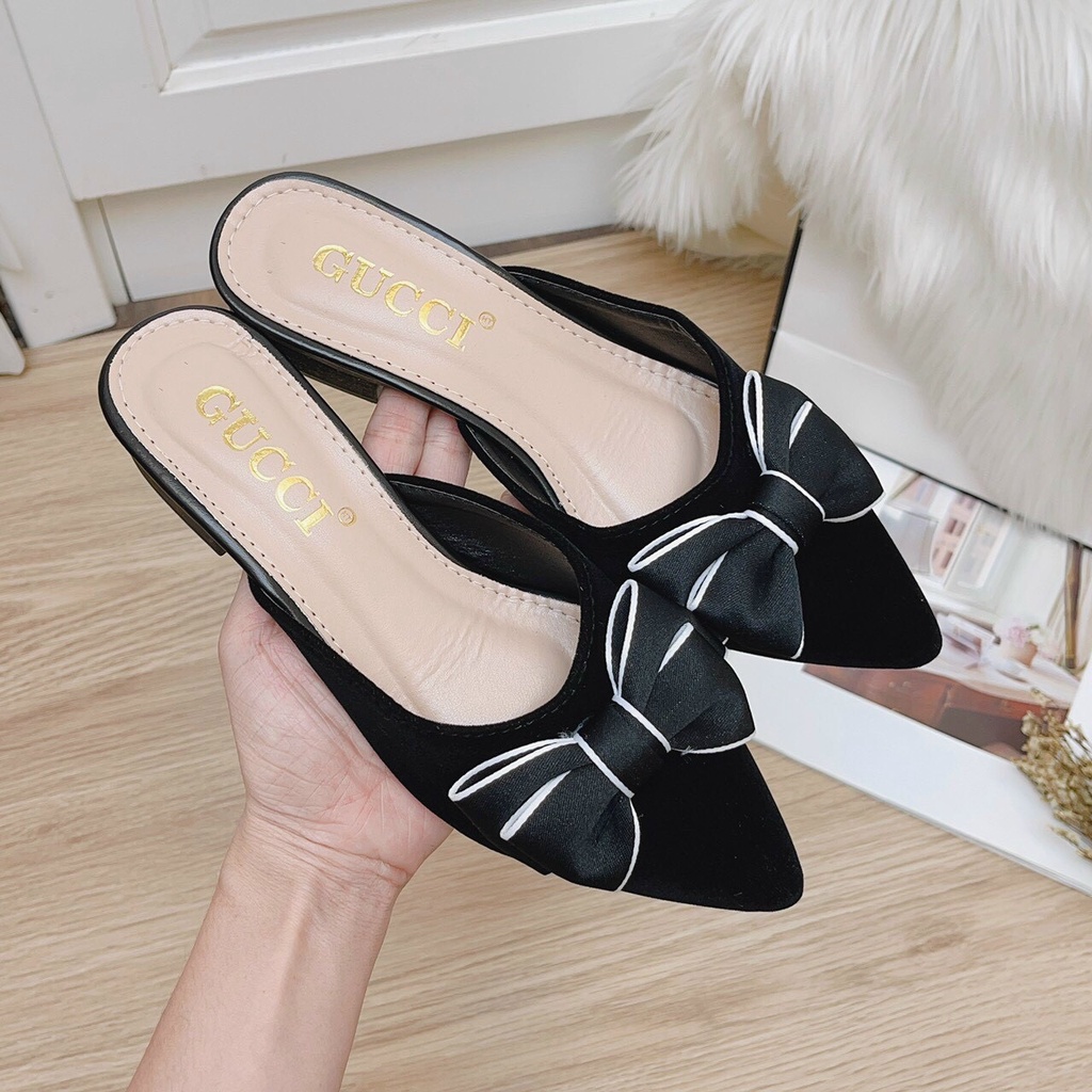 Sẵn hàng Sục nhung nơ vải -gót 3cm mũi nhọn