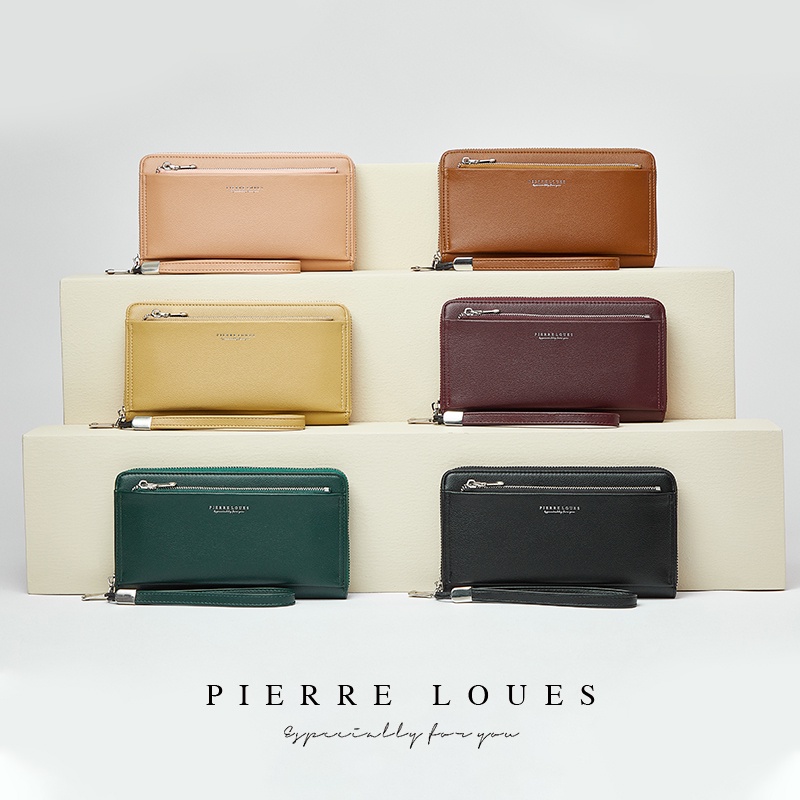 Ví PIERRE LOUES dáng dài sức chứa lớn 3 ngăn phối dây kéo đựng thẻ/điện thoại hợp thời trang