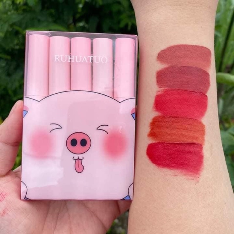 Sét 5 son kem chính hãng Ruhuatuo lâu trôi, lên màu đẹp, Set 5 Son Kem Leaduu Heo - Sarah Beaute MP40