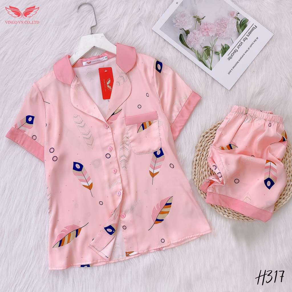 VINGO Bộ Pyjama Mặc Nhà Nữ Mùa Hè Lụa Pháp Cao Cấp Tay Cộc Quần Cộc Họa Tiết Lông Vũ Tinh Tế Trẻ Trung H317 VNGO