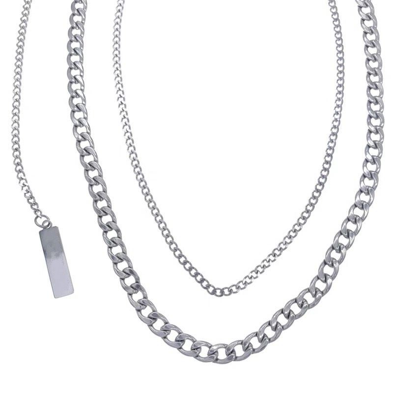 Vòng cổ Unisex chuỗi mắt xích nhiều lớp kèm tag trang sức unisex thép titan không gỉ phong cách Hàn Quốc đường phố