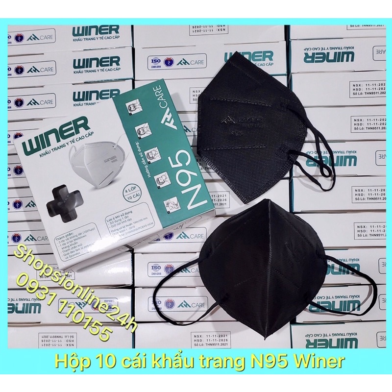 ✅ Hộp 10 cái khẩu trang y tế KN95 , N95 4 lớp kháng khuẩn Winer màu Đen