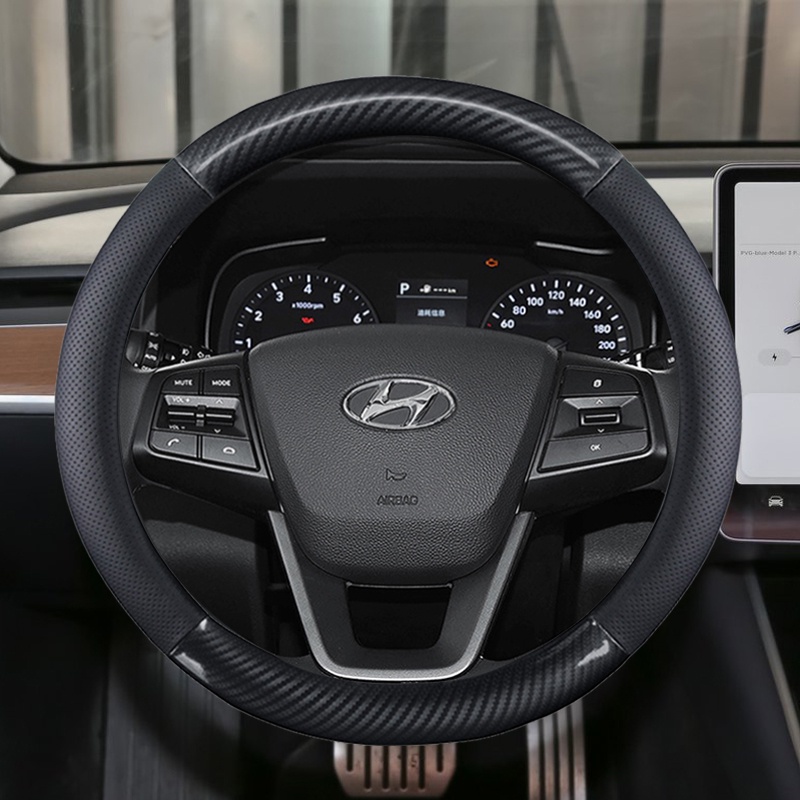 Bọc Vô Lăng Xe Hơi Bằng Da Sợi Carbon Chống Trượt 38cm Cho Hyundai i30 kona i10 i35 elantra santa fe