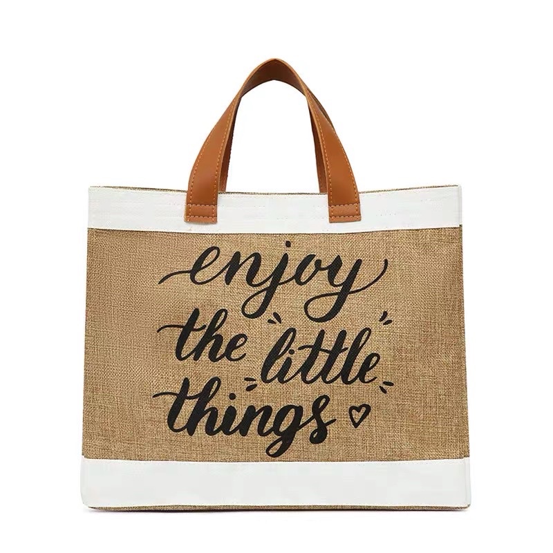 Túi Đi Biển Tote Cói To Quai Da Enjoy The Little Things Cỡ Lớn