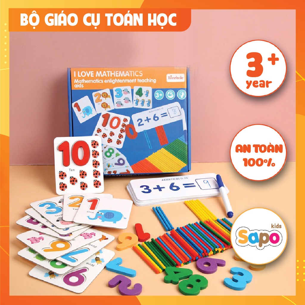 Bộ thẻ học ghép số kèm que tính giúp bé học đếm,đồ chơi toán học Montessori