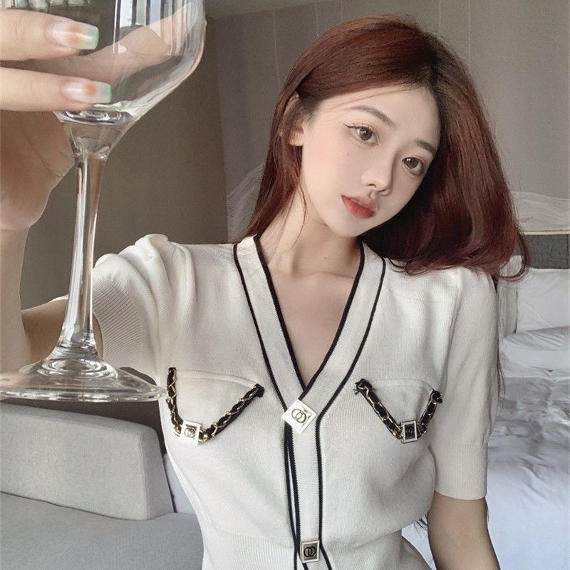 Áo Cardigan Dệt Kim Phối Nút Kim Loại Thời Trang Mùa Hè Cho Nữ