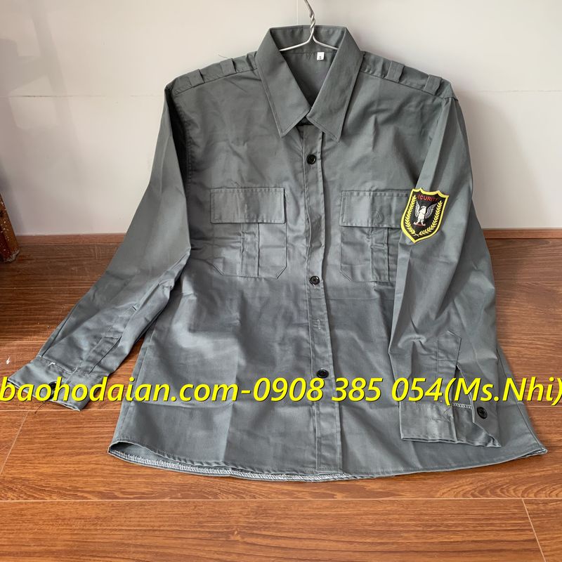 Áo bảo vệ tay dài màu xám kèm logo vải kaki 65/35 thấm hút mồ hôi