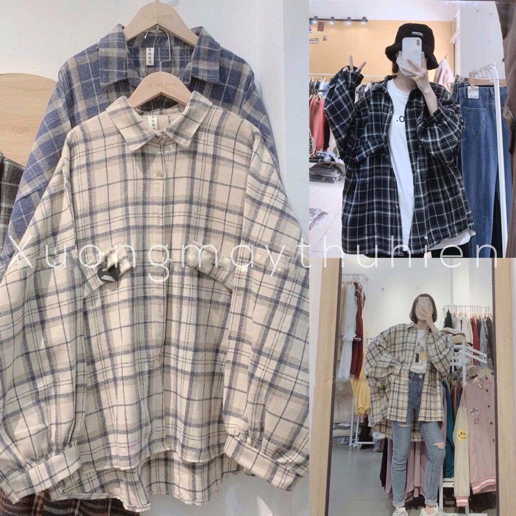 Áo sơ mi nam nữ kẻ caro tay bồng dáng thụng ulzzang/ Áo chống nắng bigsize thời trang hàn quốc_xuongmaythuhien