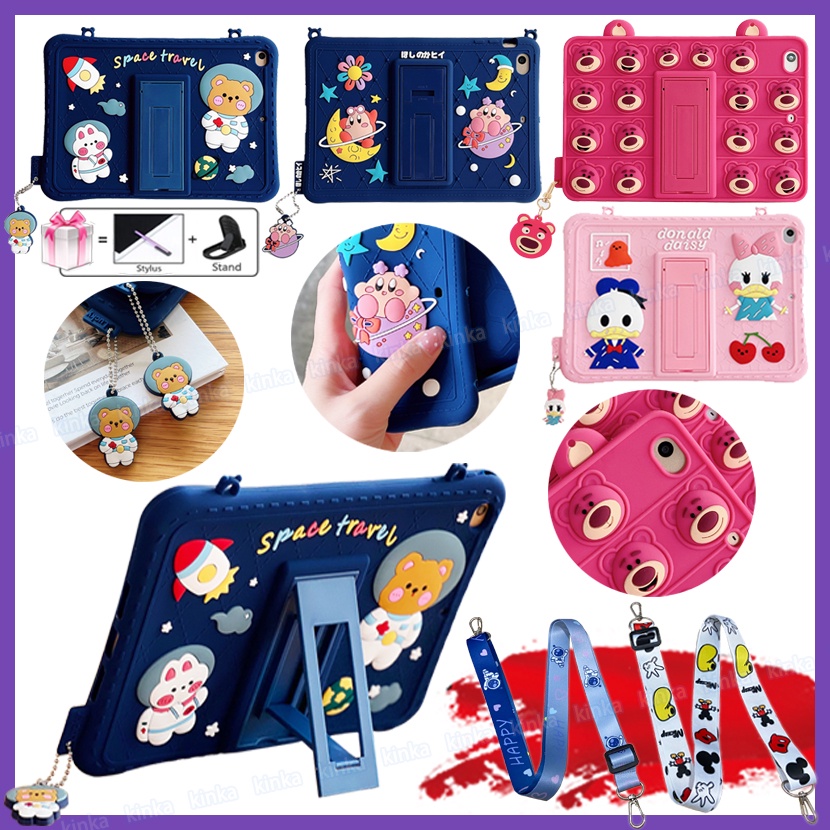 Kids Safe Cute Cartoon 3D Silicone NASA Astronaut Strawberry Bear Kirby Duck Pattern With Lanyard Silicone Tablet Cover Case for iPad mini Air Pro 1 2 3 4 5 6 7 8 9 7th 8th 9th gen 9.7 10.2 10.5 10.9 11 12.9 inch 2015 2016 2017 2018 2019 2020 2021 2022