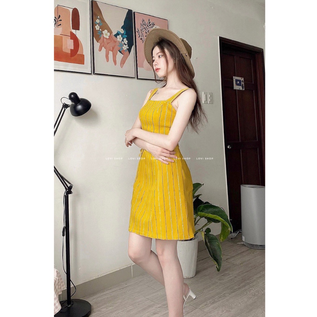Đầm 2d kaki sọc 3 màu  Lovi