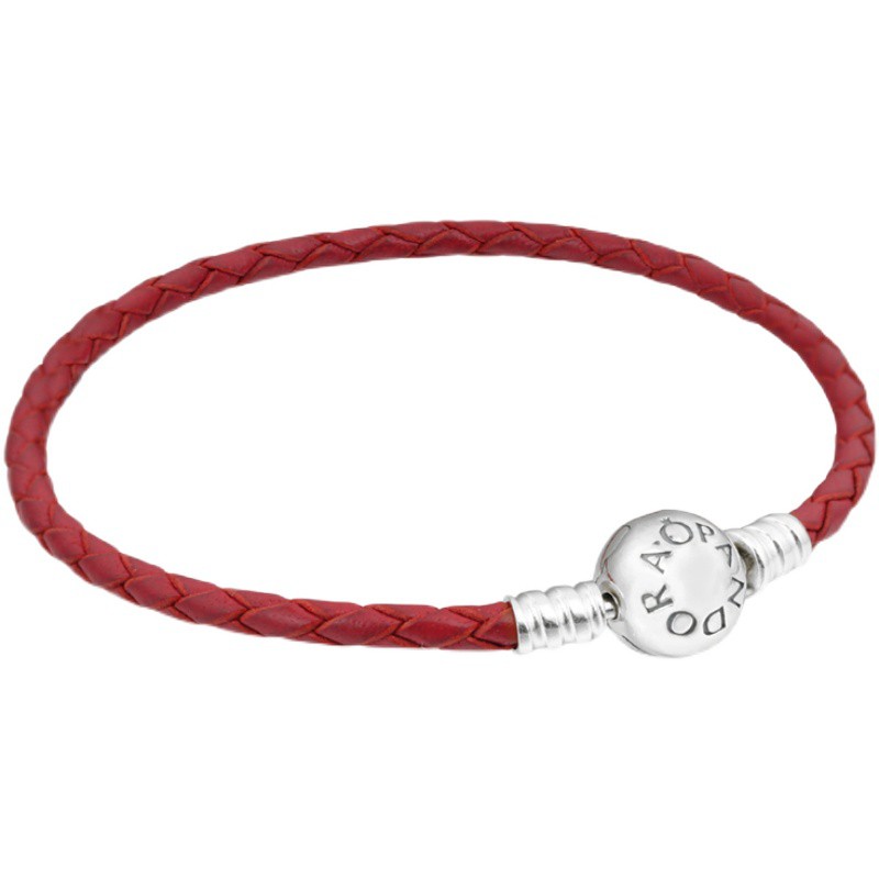 Vòng tay Pandora da bò mạ bạc 925 đính hạt tròn thời trang