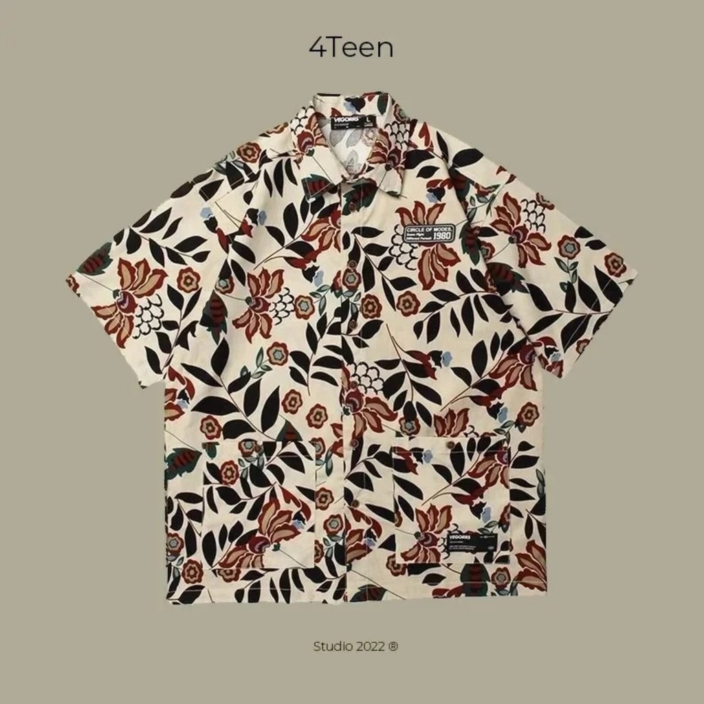 Áo sơ mi họa tiết đôi unisex 4Teen studio vintage, thoáng mát, form rộng