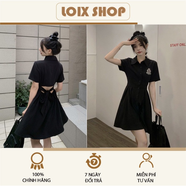 Váy sơ mi có cổ thêu logo khoét lưng LOIX mã 1082