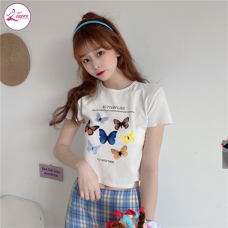 Áo croptop nữ ngắn tay ZOZORO ôm form in hình hồ điệp chất vải đẹp thoáng mát - AT10