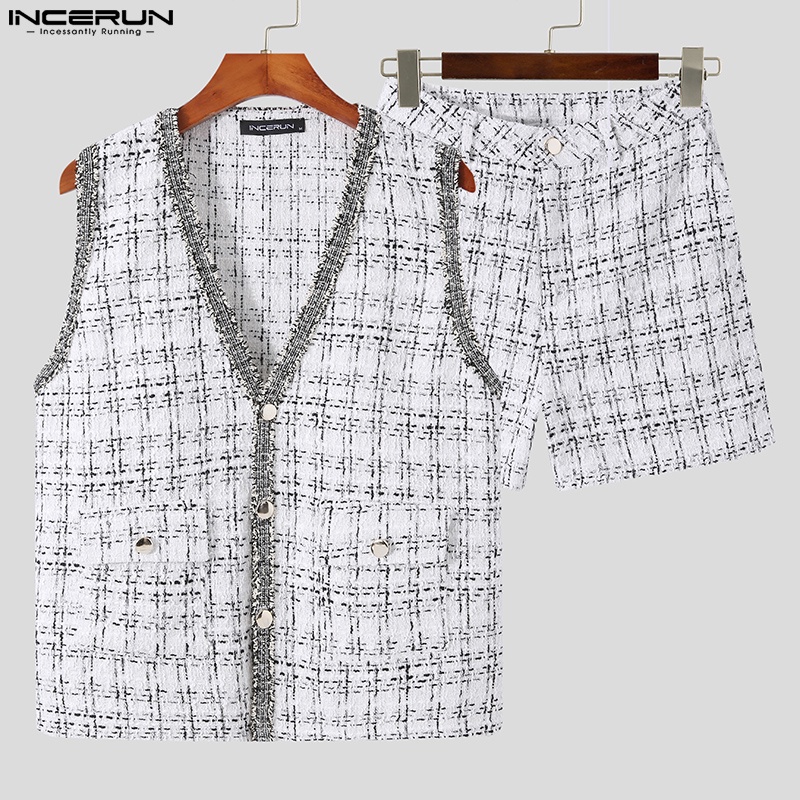 Set trang phục INCERUN áo ghi lê cổ chữ V + quần ngắn thời trang nam