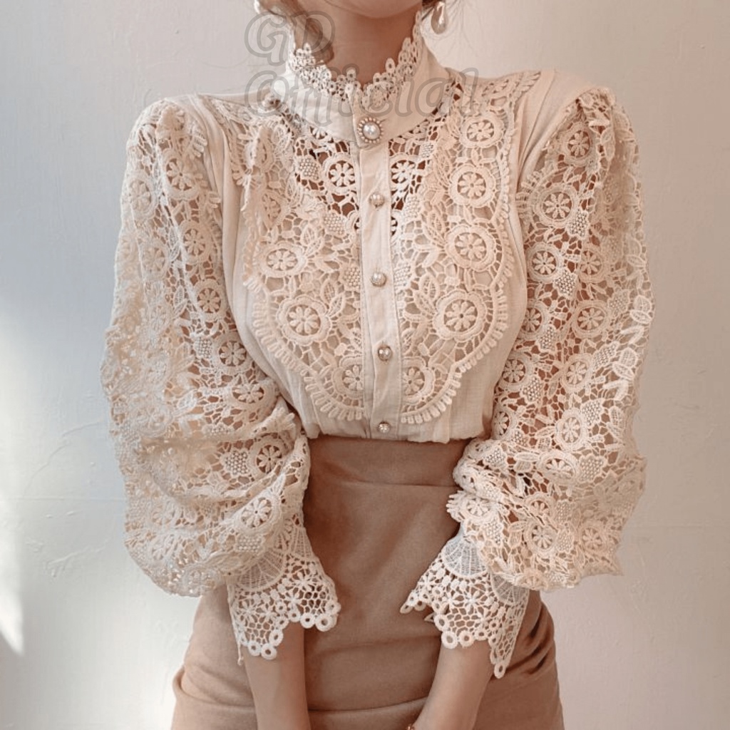 A11|Áo sơ mi sang trọng chất cotton phối ren tinh tế cho nữ khóa cài nút tinh tế dài tay màu trắng, be, đen GD Official