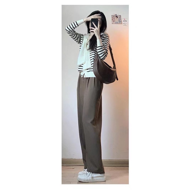 Bộ Áo Cardigan Dệt Kim Dáng Rộng Phối Quần Ống Rộng Kiểu Hàn Quốc Thời Trang Xuân Thu Cho Nữ