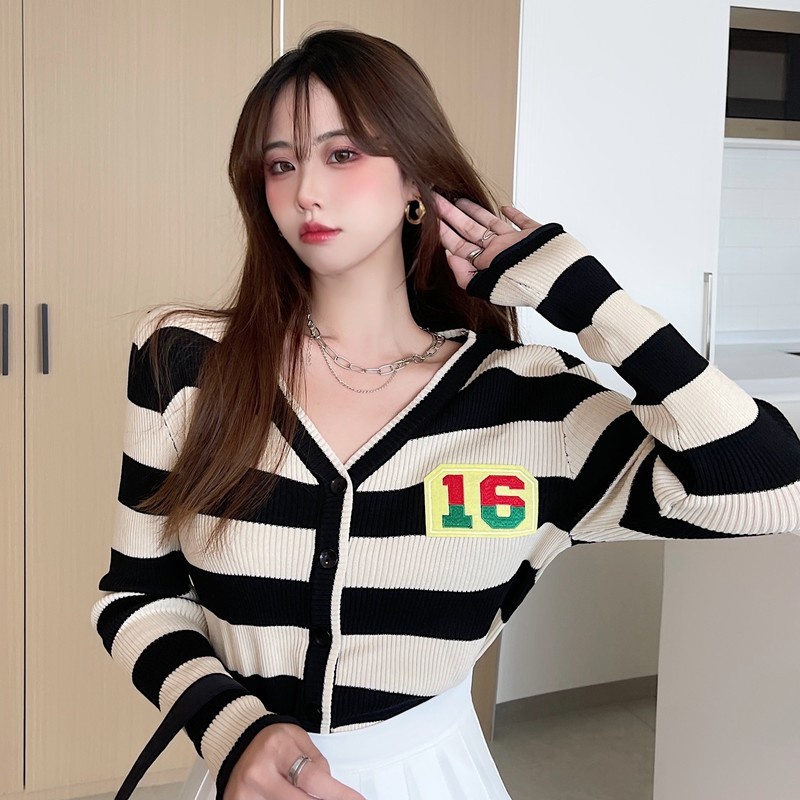 Áo Khoác Cardigan Dệt Kim Cổ Chữ V Dáng Rộng Kẻ Sọc Xinh Xắn