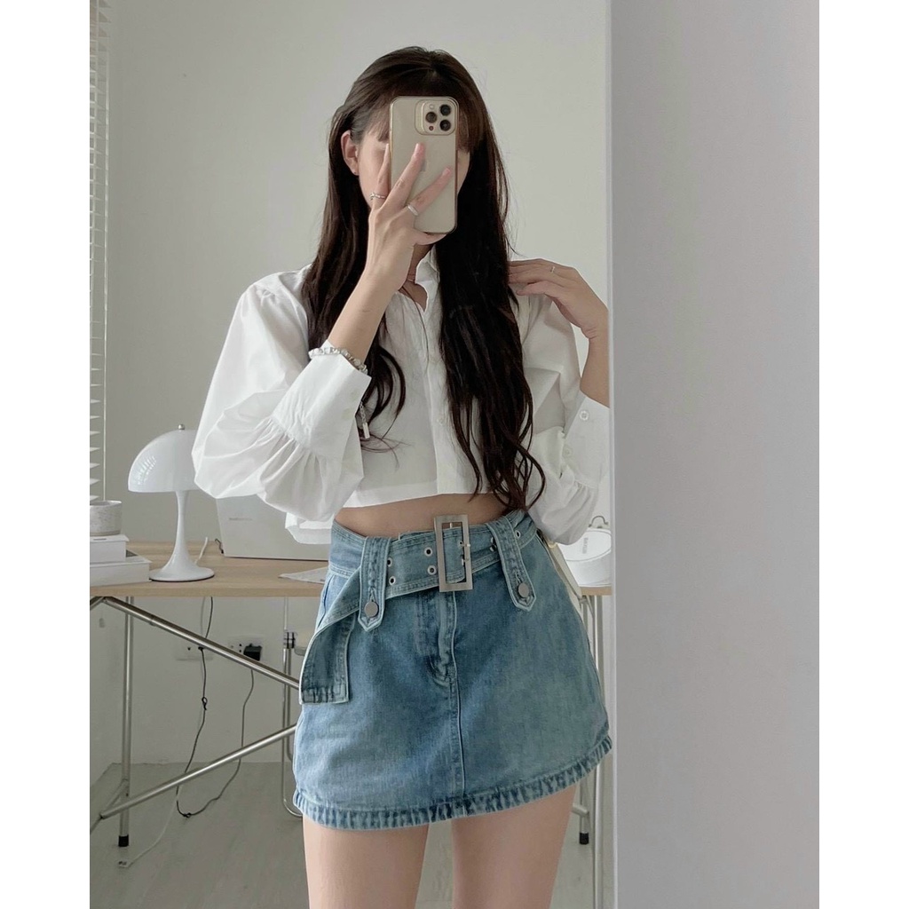 Áo sơ mi nữ dáng lửng tay bồng kiểu dáng basic, áo croptop trắng đi học đi làm