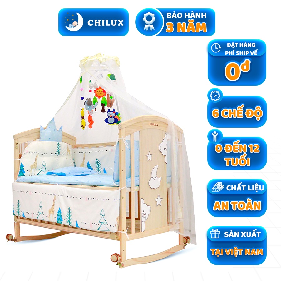 Cũi cho em bé Chilux đa năng kèm bộ quây đệm hoàng gia và đệm xơ dừa - Combo trọn bộ