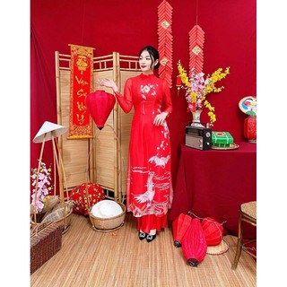 Áo dài đỏ 4 tà đính cườm tay bồng chất tơ ý mềm