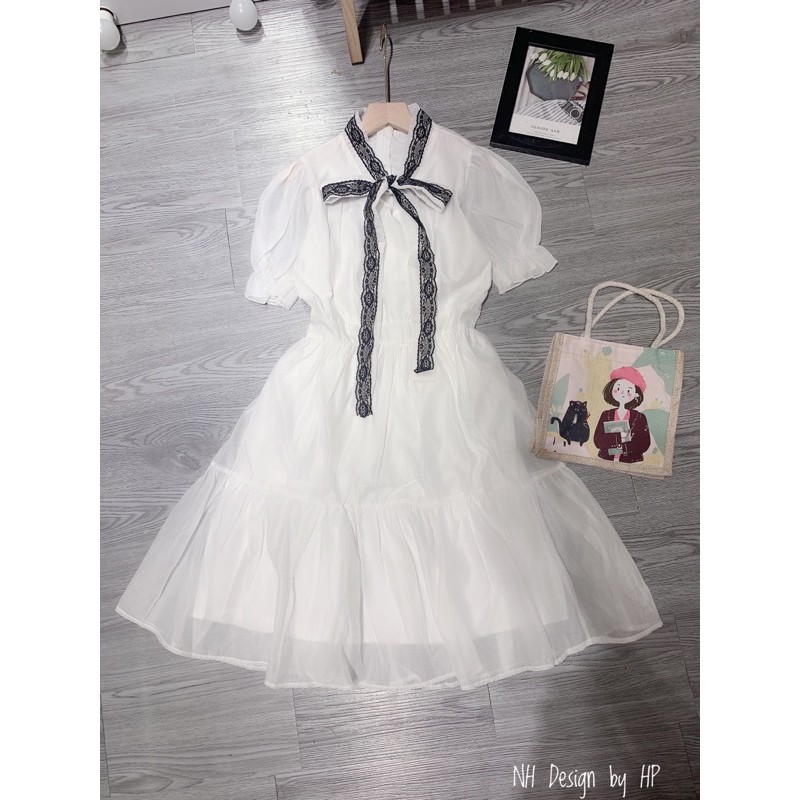 [ VTK88 ] VÁY TRẮNG TK CỔ PHA REN THẮT NƠ